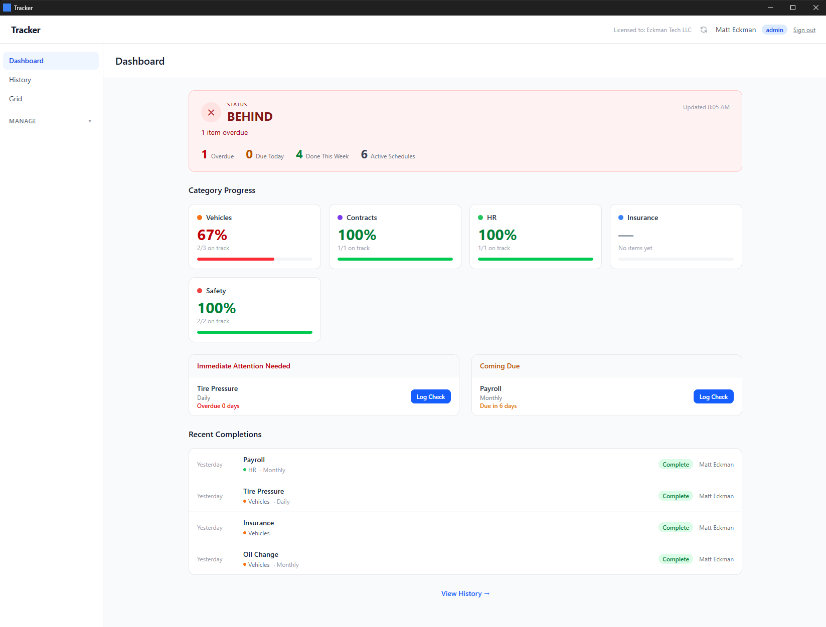 Tracker dashboard showing overdue, due, and on-track items with category progress bars